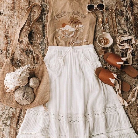 Boho White Tassel Tie Clouded Dream Cotton Maxi Skirt With Lace Embroidery - Picture 5 of 12